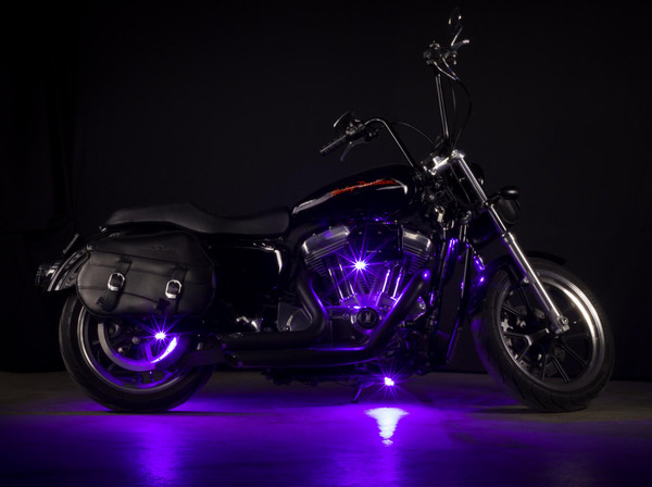 Purple Pod Lights installed on Motorcycle