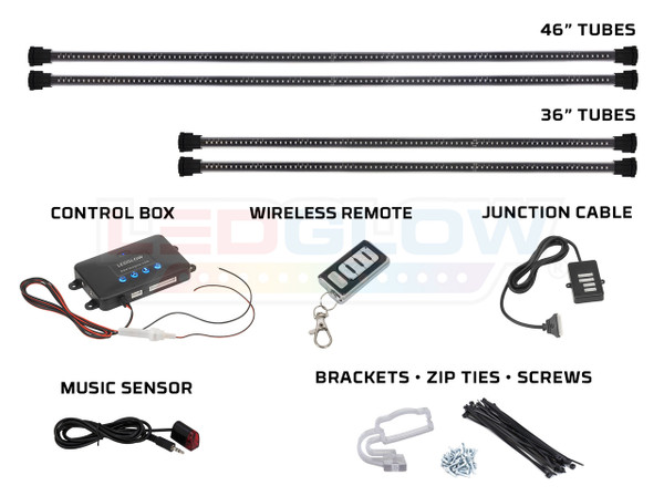 4pc Million Color Wireless SMD Underbody Lighting Tubes, Control Box, Wireless Remote, Junction Cable, Music Sensor & Installation Accessories