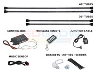 4pc Million Color Wireless SMD Underbody Lighting Tubes, Control Box, Wireless Remote, Junction Cable, Music Sensor & Installation Accessories