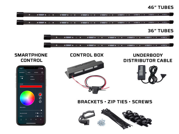 Million Color SMD LED Underbody Tubes, Control Box with Smartphone Control, Junction Cable, Music Sensor, & Mounting Hardware