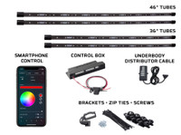 Million Color SMD LED Underbody Tubes, Control Box with Smartphone Control, Junction Cable, Music Sensor, & Mounting Hardware