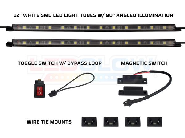 2pc 12" White SMD LED Light Tubes, Toggle Switch & Magnetic Switch
